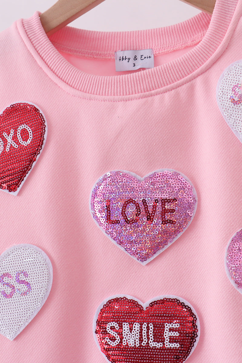 Pink heart love smile sequin fleece mom&me sweatshirt