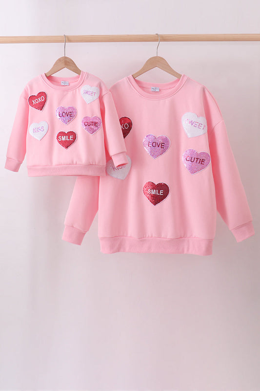 Pink heart love smile sequin fleece mom&me sweatshirt