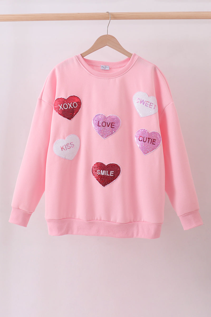 Pink heart love smile sequin fleece mom&me sweatshirt