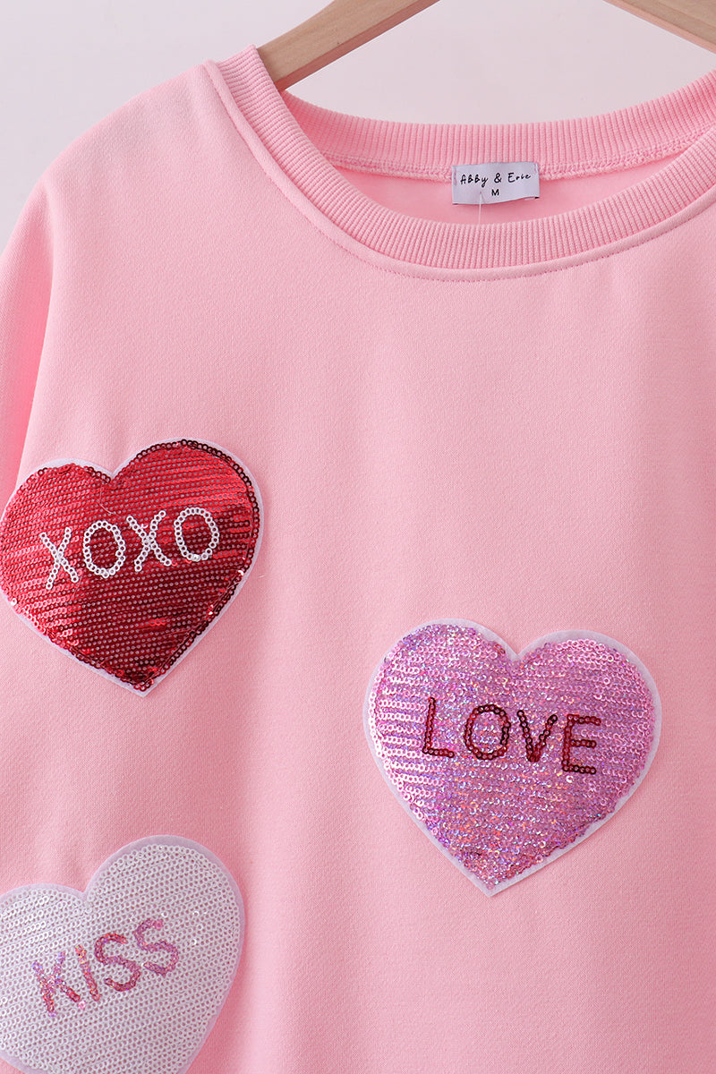 Pink heart love smile sequin fleece mom&me sweatshirt