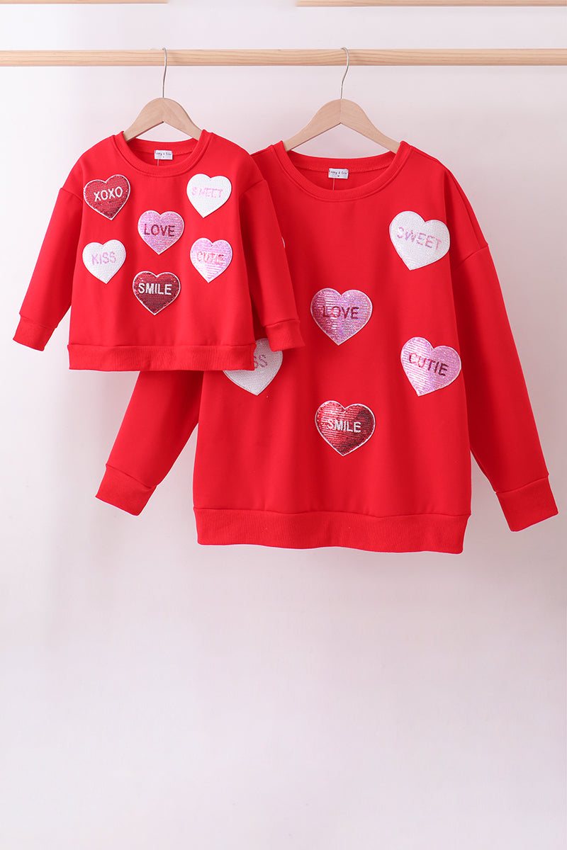 Red heart love smile sequin fleece mom&me sweatshirt