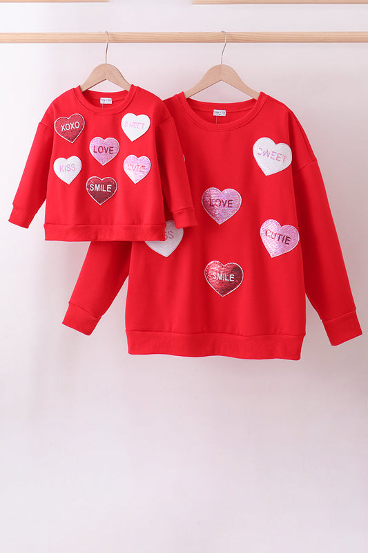 Red heart love smile sequin fleece mom&me sweatshirt
