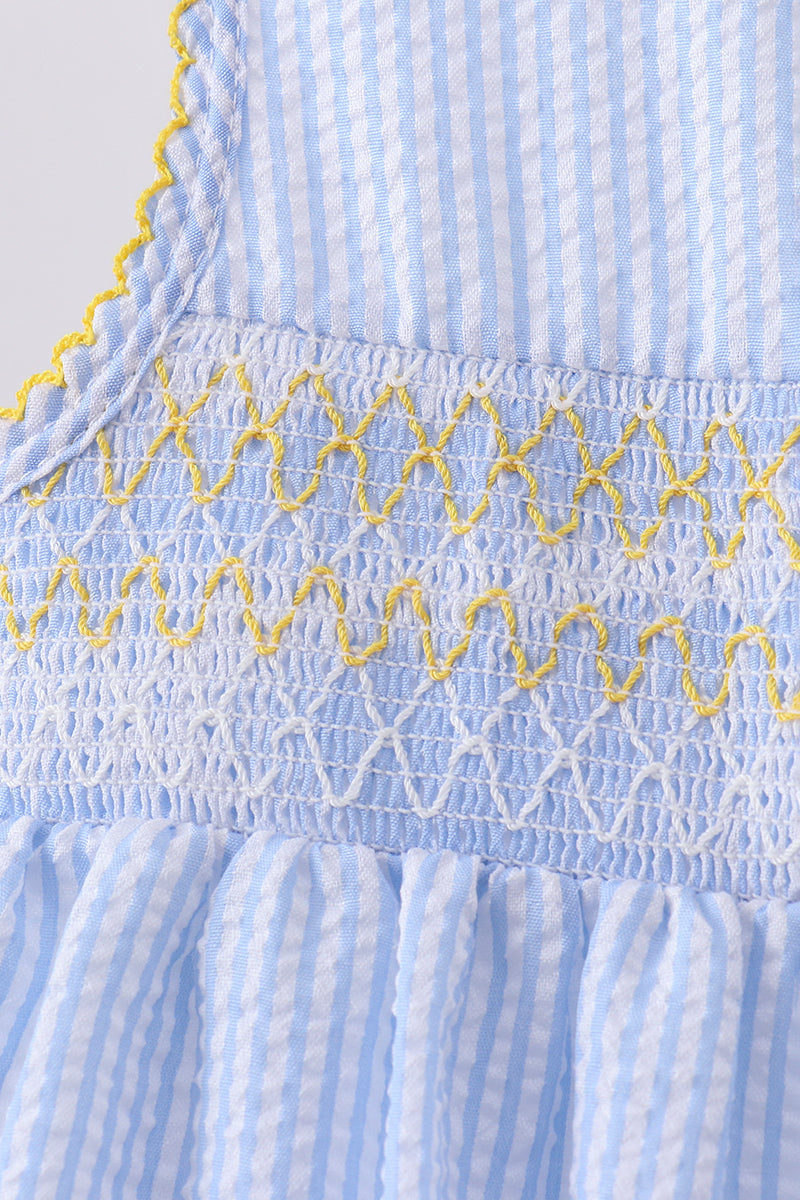 Blue lemon embroidery seersucker dress