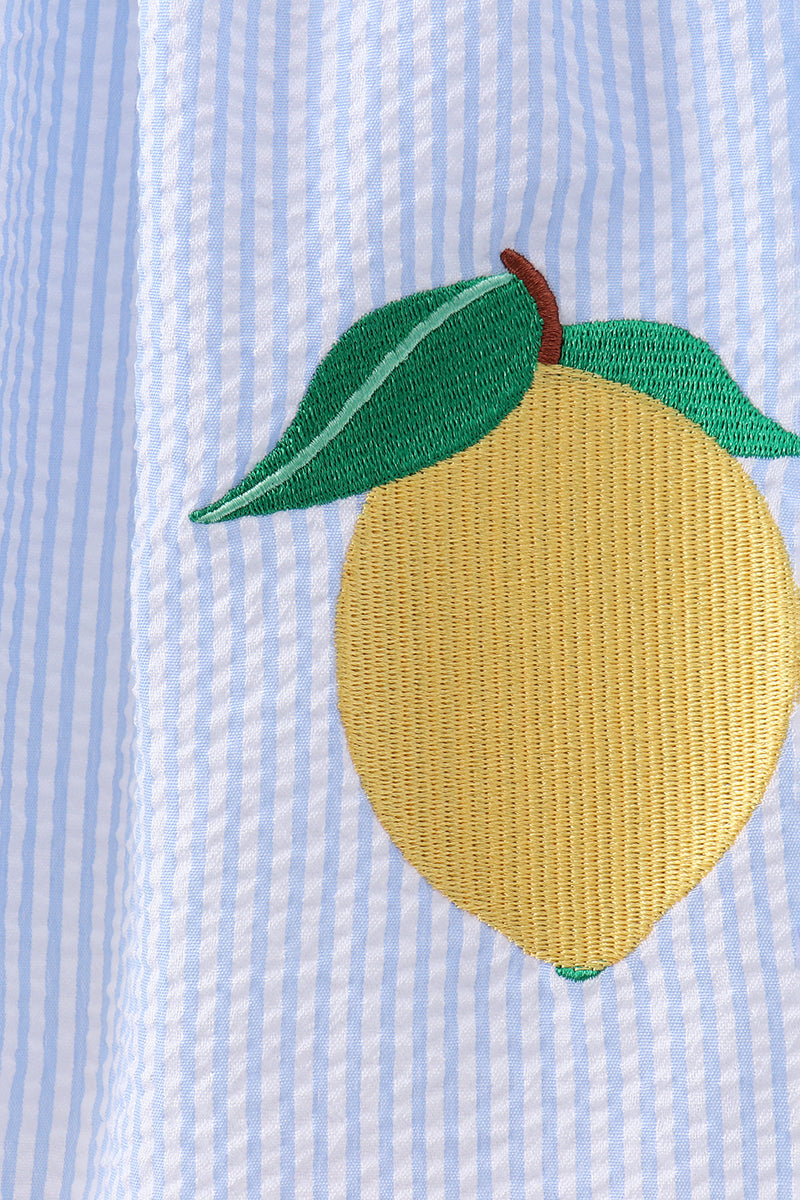 Blue lemon embroidery seersucker dress