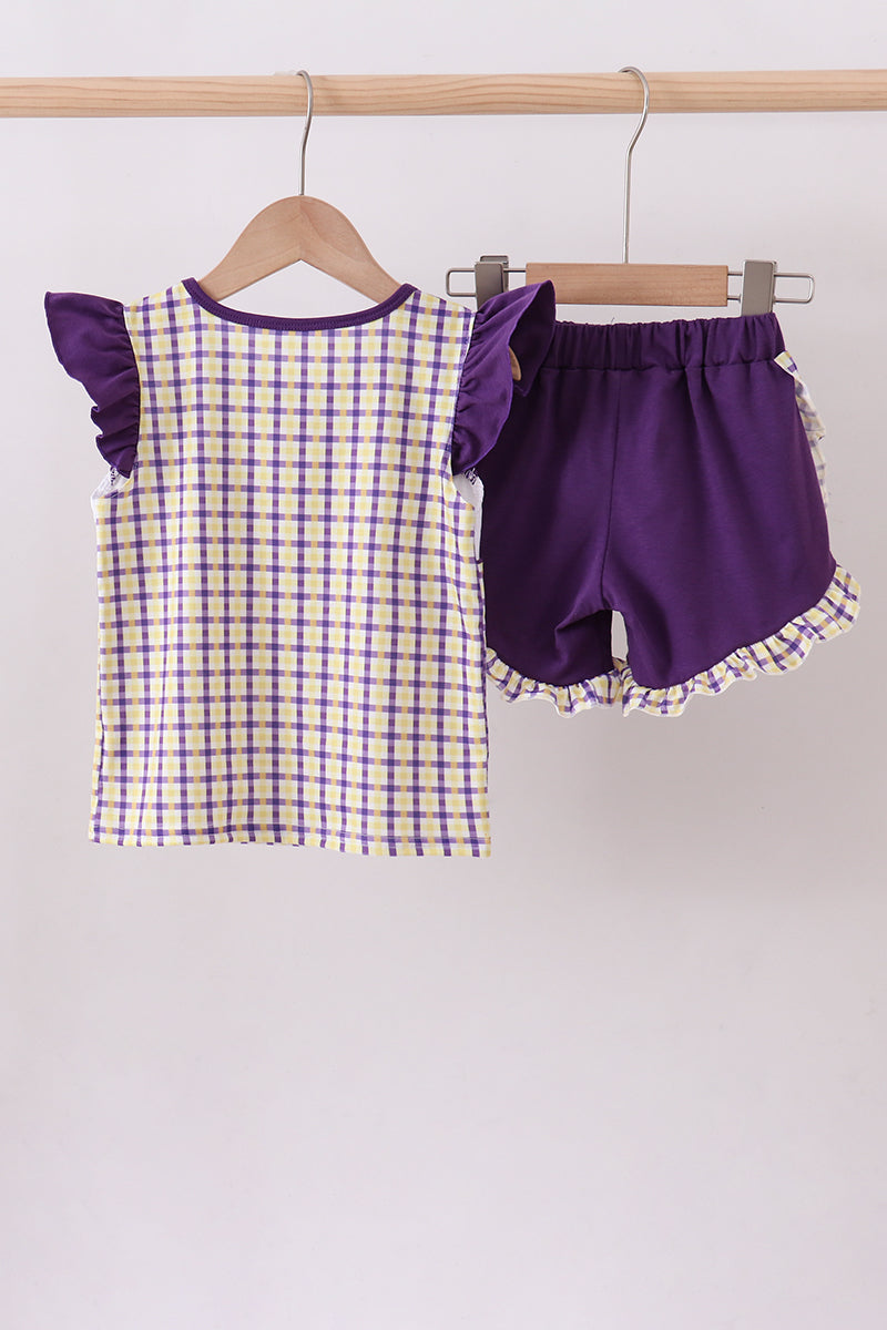 Purple LSU GEAUX smocked ruffle shorts set